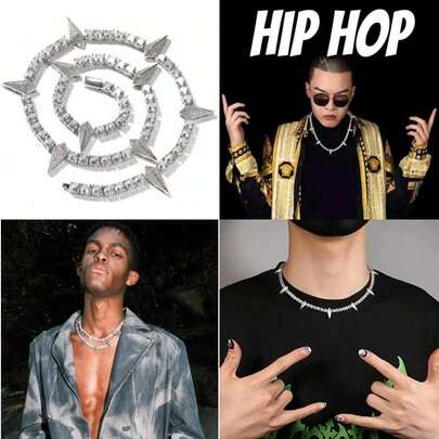 Dzyoleize de tenis de cadena para el hombre-  collar de pinchos gargantilla, Hip hop Metal estilo punk brillan en la oscuridad collar de circonio cúbico(20 pulgadas Plata)