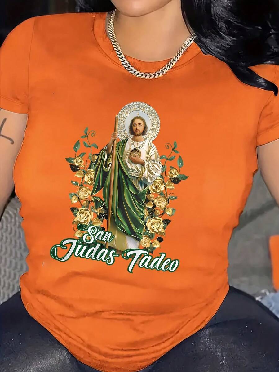 Plus Size - Plus Size - St. Jude Taddeo Pattern T-Shirt, Short-Sleeved Casual Round-Neck Top, Spring/Summer Women's Clothing - 1XL-5XL-1XL-5XL - Orange - View 1