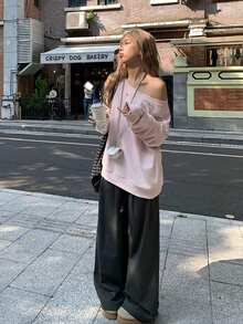 女士休闲刺绣吊带长袖套头衫 - 粉色 - 查看 8