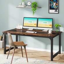 LITTLE TREE 63x31.5 Inch Rustic Black Computer Desk – Modern Large Office Table For Home, Office & Study - Brown - View 1