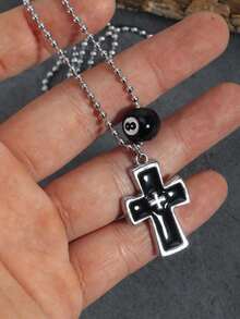 Vintage Gothic Melting Cross Billiard Bead Bracelet, Black 8 Numeric Beaded Necklace For Men, Stainless Steel Chain, Hiphop Street Style, Simple & Versatile Cross Pendant Necklace