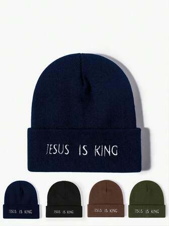 1pc Y2K Style Jesus Is King Embroidered Knit Beanie Hat, Suitable For Autumn/Winter Outdoor, Casual, Versatile, Cold Weather Winter Gear