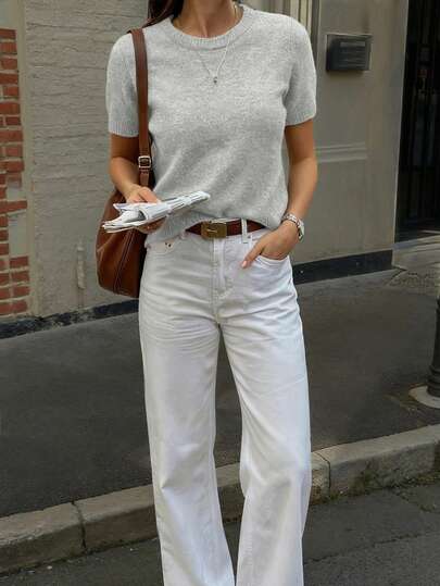 Nuevo jersey de punto de unicolor con cuello redondo pequeño, estilo elegante universitario casual, para mujer, de primavera, verano y otoño, para ir al trabajo, con un toque de temperamento simple