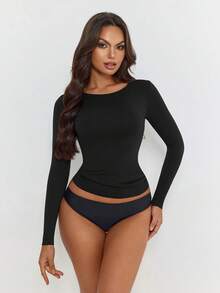 Women's Light Compression Long Sleeve T-Shirt, Round Neck Regular Length T-Shirt With Slimming Function Casual Black Spring - Black - View 4