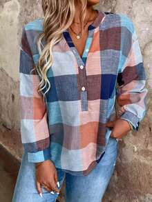 Áo sơ mi nữ casual mới, kẻ caro, cài cúc phía trước, viền tương phản. - màu xanh da trời - Xem 3