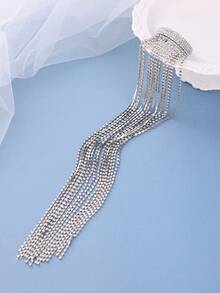 1 pieza Elegante Clip de Pelo con Cadena Larga de Cristal Rhinestone y Borla, Accesorio de Pelo de Cristal Brillante para Mujer, Verano, Playa, Boda - Plateado - Ver 4