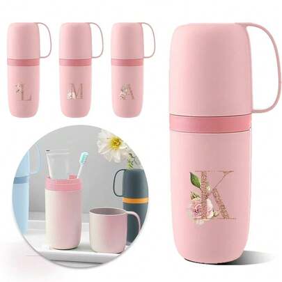 Travel Toothbrush And Mouthwash Cup Toothbrush Holder Includes Handle-Equipped Mouthwash Cup Holds Toothpaste Toothbrush And Comb Portable Perfect For Oral Care On The Go Initial Name 26 Letters Pattern