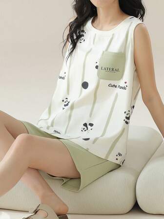 AICJ 2pcs/Set Women Casual Cute Panda & Letter Print Short Sleeve Vest Top And Shorts Pajamas Set, Soft And Comfortable For Spring/Summer Lounge Wear
