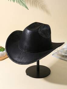 1pc Unisex Unisex Cattle Head & Belt Decor Handmade PU Cowgirl Hat Panama Hat Wide Brim Ridge Cowboy Hat Western Suitable Soft Felt Hat Fedora Hat - 黑色 - 查看 2