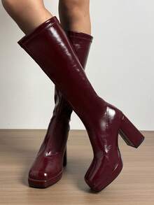 Plus Size Chunky Heel Riding Boots, New 2025 Autumn/Winter Women's High Heel Pointed Toe Side Zipper Boots,Burgundy Heels - Burgundy - View 7