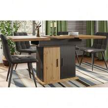 Table à Manger Télescopique 110-140*80 cm - Extensible et Pliable pour 4-6 Personnes - Design Rétro et Gain de Place - Idéale pour Cuisine, Salon, Salle à Manger et Appartement - Noir + Naturel + MDF-1 - Voir 5