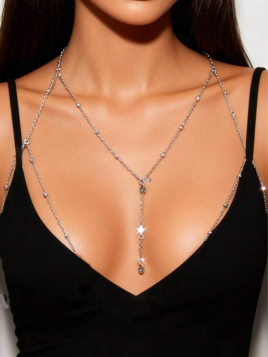 1pc Exquisite Rhinestone & Bead Decor Chest Chain Body Chain For Women For Spring Summer Decoration - Silver - View 1