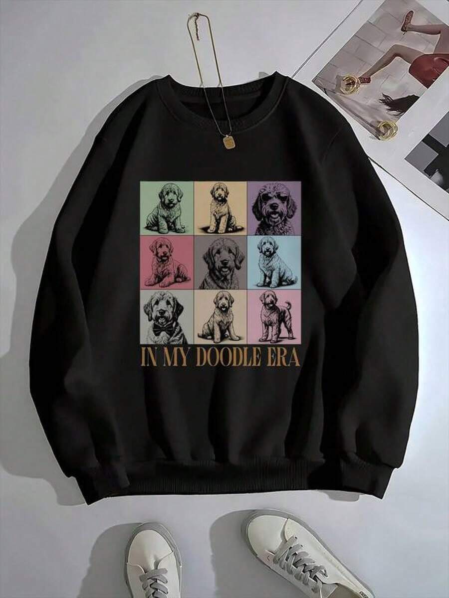 Doodle Dog Series Women Crew Neck Casual Sweatshirt Multi-Grid Dog Illustration IN MY DOODLE ERA Pattern Cute Style - 黑色 - 查看 1