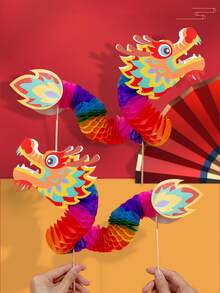 1pc Chinese Dragon Paper Cardboard, Handheld Ornament, New Year Handmade DIY Paper Dragon Hard Paper Honeycomb Ball Pull Flower Paper Dragon Hands Can Dance Paper Dragon, Christmas Valentine's Day New Year Gift - Multicolor - View 1