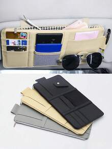 1个优质皮革拉链汽车遮阳板收纳袋,多口袋设计,带太阳镜架和卡槽,配有可调节松紧带,方便安装,男女通用汽车内饰配件,适用于轿车/SUV/卡车,必备文件和卡片收纳袋 - 多色 - 查看 5