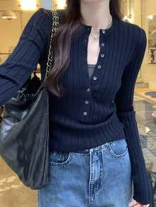 修身纽扣针织毛衣，百搭长袖套头衫，韩版风格 - 藏蓝色 - 查看 4