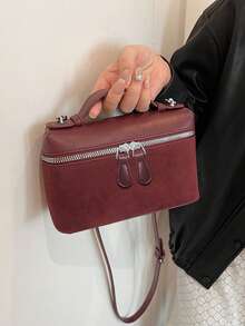 New Matte Patchwork Mini Handbag Crossbody Bag Phone Pouch, Fashionable Commuter Bag - Burgundy - View 3