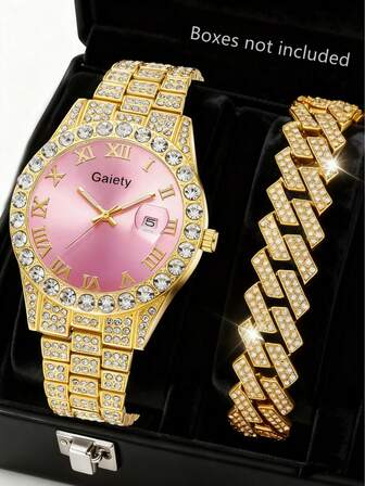 Un conjunto de 2 relojes de mujer, Gaiety con brazalete de aleación con diamantes incrustados, reloj de cuarzo con calendario con diamantes y números romanos en esfera rosa, adecuado para combinar con ropa diaria o como regalo de vacaciones