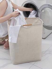 1个极简主义可折叠洗衣篮，带木柄，浴室/卧室衣物/杂物收纳篮 - 白色 - 查看 2