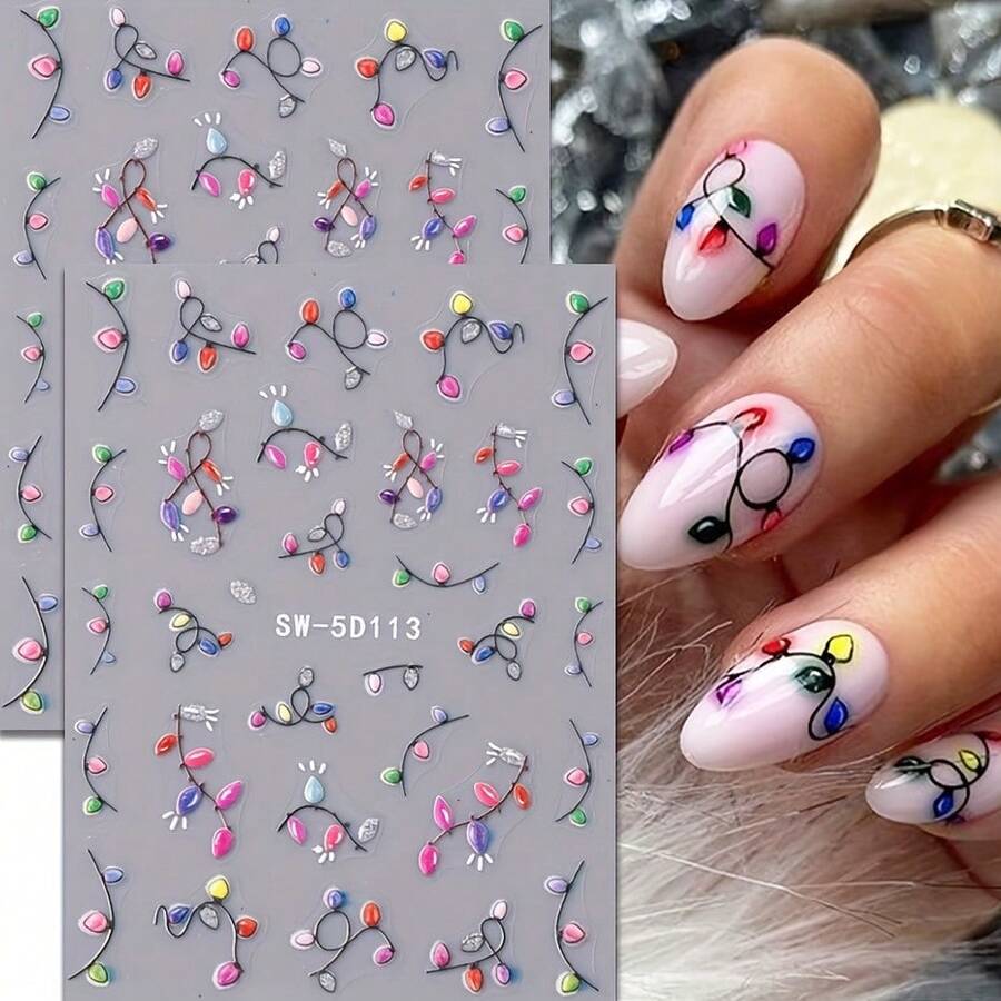 Pegatinas de arte de uñas navideñas en 5D con relieve, diseños autoadhesivos brillantes de lámparas de neón para manicuras festivas - Multicolor - Ver 1