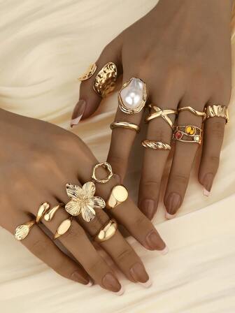 1 set Bague en métal élégante et douce avec pierres précieuses simulées, fleurs, géométrie asymétrique. Cadeau pour femmes pour fête, festival ou anniversaire