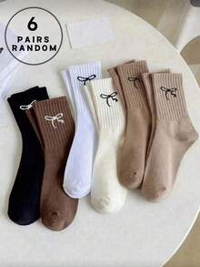 1/6 Pairs Women Neutral Color Wavy Bow Mid-Calf Socks - Multicolor - View 6