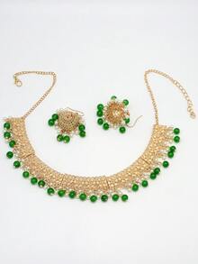 1pc Necklace, 1 Pair Earrings, Fashion Decorative Necklace Earring Set, Floral Engraved Necklace, Tassel Bell Earrings, Bohemian, Classical, Elegant, Suitable For Holiday, Travel, Party, Ceremony, Women - Golden Green - View 4