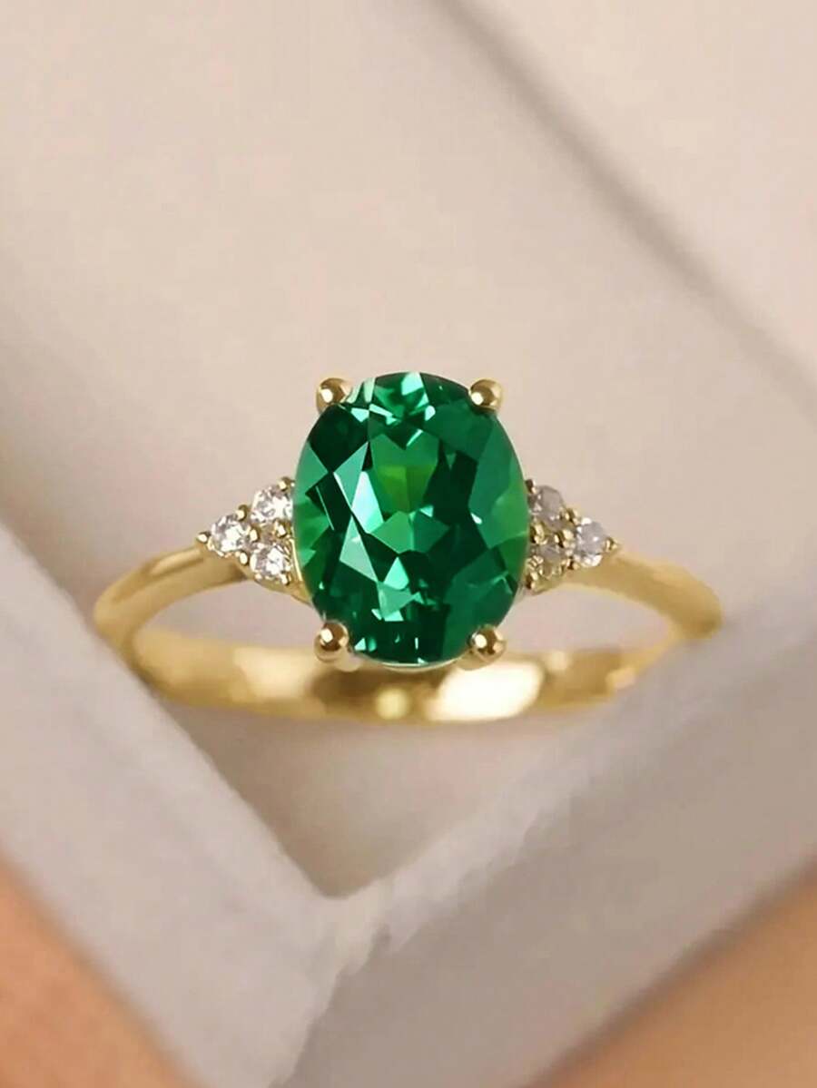 1枚优雅立方氧化锆戒指，女士婚礼订婚派对珠宝，情人节礼物 - 金黃色 - 查看 1