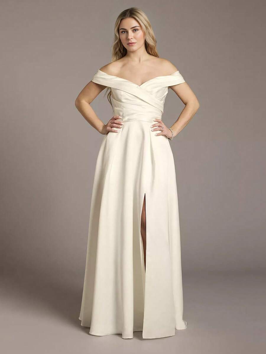 Elegant Off The Shoulder Satin Wedding Gown - Perfect For Christmas, Halloween, Weddings, Proms & Birthdays - White - View 1