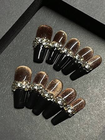 1包/10片 - 前卫黑金猫眼美甲贴片 - 闪粉、水晶和哥特奢华风