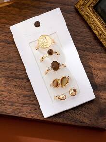 5 Pcs Vintage Tiger Eye Stone Decor Stackable Rings Set For Women, Fashionable Golden Color Coin Statement Ring For Daily Wear