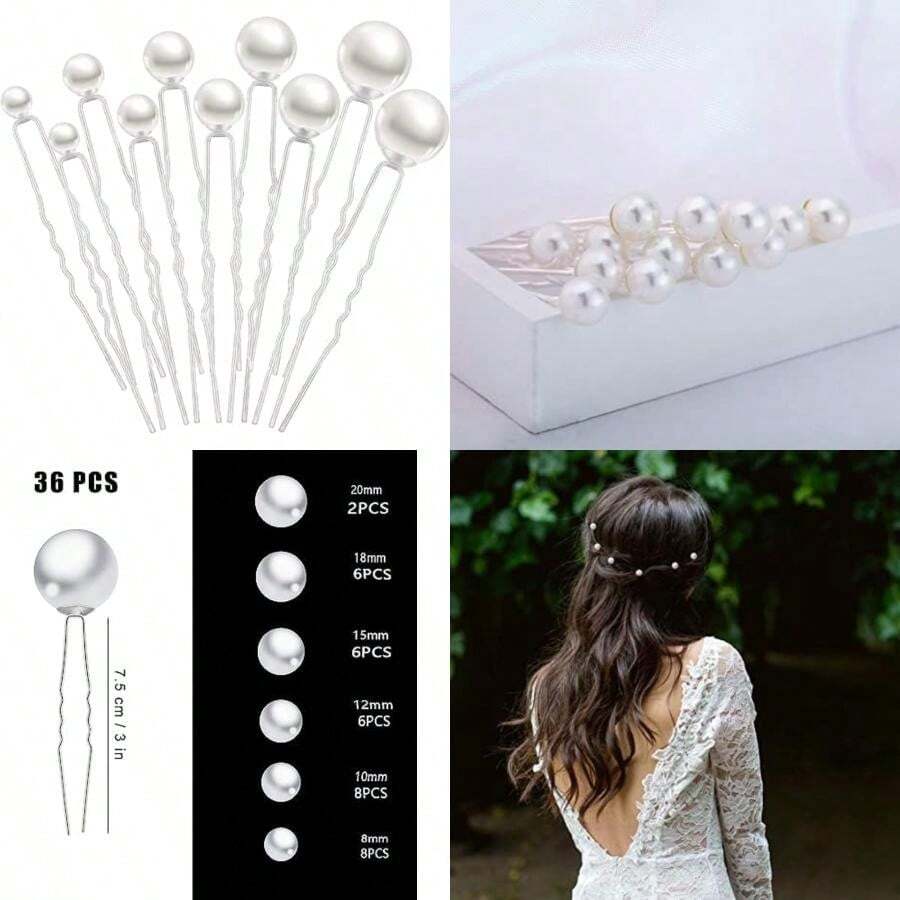 36 Piezas Horquillas De Perlas Para El Pelo, Elegantes Horquillas Pelo Mujer Novia Boda Perla Forma De U Accesorios Para Ceremonias De Damas De Honor Boda Novia Mujeres Niñas(Plata) - Multicolor - Ver 1