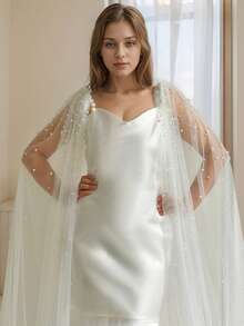 1 paire de châle voilé perlé fait main, cape/châle de mariée, long châle pour occasions formelles pour couvrir les bras - Châle de perles - Voir 4