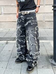 1pc Fashionable American Street Style Men's Embroidered Wide-Leg Jeans, Loose And Comfortable, High Street, All Season - الأسود - مشاهدة 7