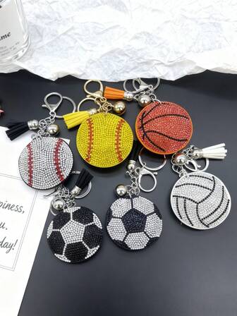 1pc Creative Football, Basketball, Volleyball, Baseball Rhinestone Keychain, Fashionable Korean Style Bag Tassel Pendant