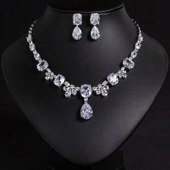 3pcs/Set Silver/Green/Multi-Color Options, Fashion/Luxury, Women's Jewelry, Women's Necklace, Women's Accessories, Women's Jewelry Accessories, Diamond Necklace, Cubic Zirconia Inlaid, Flower/Teardrop Shape, Earrings, Necklace, Cubic Zirconia Necklace, Suitable For Women/Bride/Bridesmaid, Wedding/Banquet/Party Wear, Women's Fashion Jewelry, Women's Jewelry Set, Accessories Set, Gift