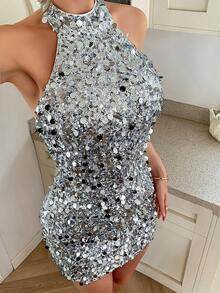 Unadoll 女士春季性感无袖露肩亮片连衣裙，适合鸡尾酒会、音乐节、派对、出席活动、生日、情人节等场合穿着。