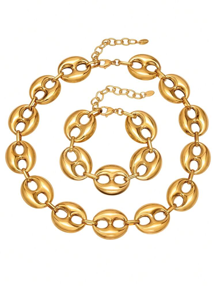 1件装多色镂空咖啡豆不锈钢项链/颈链，18K镀金夸张个性化首饰 - 咖啡豆套裝 - 查看 2