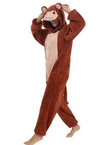 Cute Unisex Fleece Adult Monkey Costume Pajamas, Button Plush Animal One Piece Sleepwear Loungewear - Monkey - 查看 3