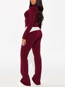两件套女士紧身长袖上衣和喇叭裤套装，休闲街头风，天使水晶装饰，适合秋冬季、春季、情人节穿着。 - 酒紅色 - 查看 4