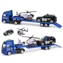 NEUSNEY 4pcs 1:64 Scale Construction Vehicle Set With Trailer, Inertial Sliding Vehicle Model, Multi-Color Options, Realistic Engineering, Fire, Military Transport Trailer Set, Alloy Model, Collectible Display, Scene Simulation, Perfect Birthday Gift - Multicolor - View 15