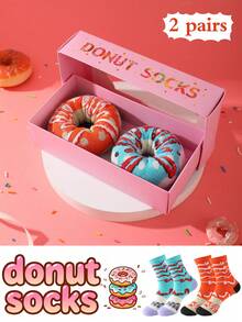 两双装多色中筒袜，男女通用情侣礼盒，柔软甜甜圈设计，创意美食图案，舒适百搭，适合生日、情人节、复活节、斋月、约会、家庭聚会、派对、节日等场合。