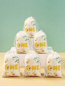 6个蜜蜂主题礼品袋，可重复使用，带抽绳，花朵蜜蜂图案，适合一周岁生日派对装饰、婴儿派对礼品包装、糖果袋、家庭聚会礼品包装用品、家庭节日派对装饰、一周岁生日礼物、派对小礼物 - 彩色 - 查看 2