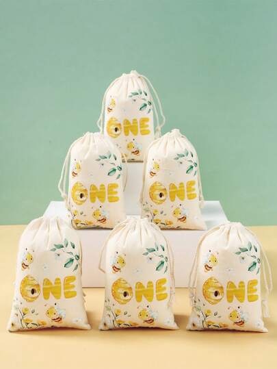 6 st presentpåsar med bitema, återanvändbara presentpåsar med dragsko, blommigt bimönster, dekorationsmaterial för en födelsedagsfest, presentpåsar till babyshowerfest, godispåse, presentinslagningsmaterial för familjesammankomster, familjefestdekor, 1-årsdagspresenter, festgåvor