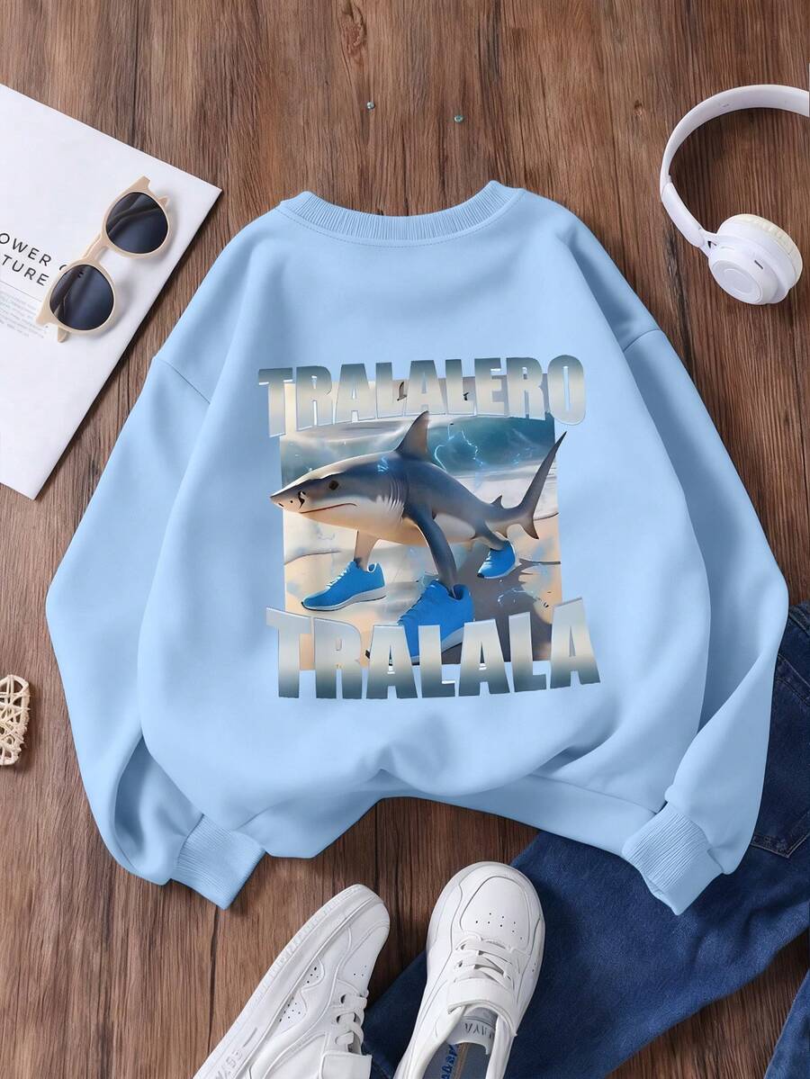青少年男童休闲海洋风格鲨鱼图案圆领长袖卫衣秋冬学生男孩衣服