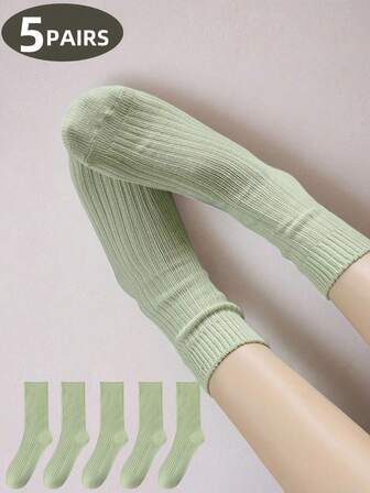 1双/5双装绿色女士中筒袜，颜色鲜艳，时尚舒适，柔软亲肤，休闲简约，适合搭配校服