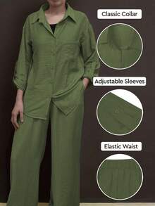 Plus Size Casual Polo Collar Cardigan, Solid Color Elegant Blouse Top, Paired With Soft Elastic Waist Loose Pants, Two Pieces Set, Suitable For Holiday, Commute, Spring/Summer/Autumn