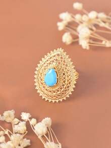 1 Pc Vintage-Inspired, Luxurious Palace-Style Hollow Cubic Zirconia Ring For Women, Featuring A Wide Band With Water Drop/Pear-Shaped Design. This 18K Gold-Plated Adjustable Ring Is The Perfect Accessory For Banquets, Gatherings, And Parties, And Makes An Ideal Gift For Female Friends.