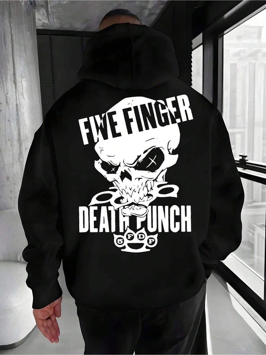 Sudadera con capucha de cinco dedos y estampado grande en la espalda, moda otoño-invierno para hombres, sudadera deportiva versátil y casual para Halloween, tops de manga larga, estilos regulares de primavera/otoño - Negro - Ver 1