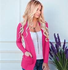 Fashion Cardigan Sweater With Pockets - 玫紅色 - 查看 2
